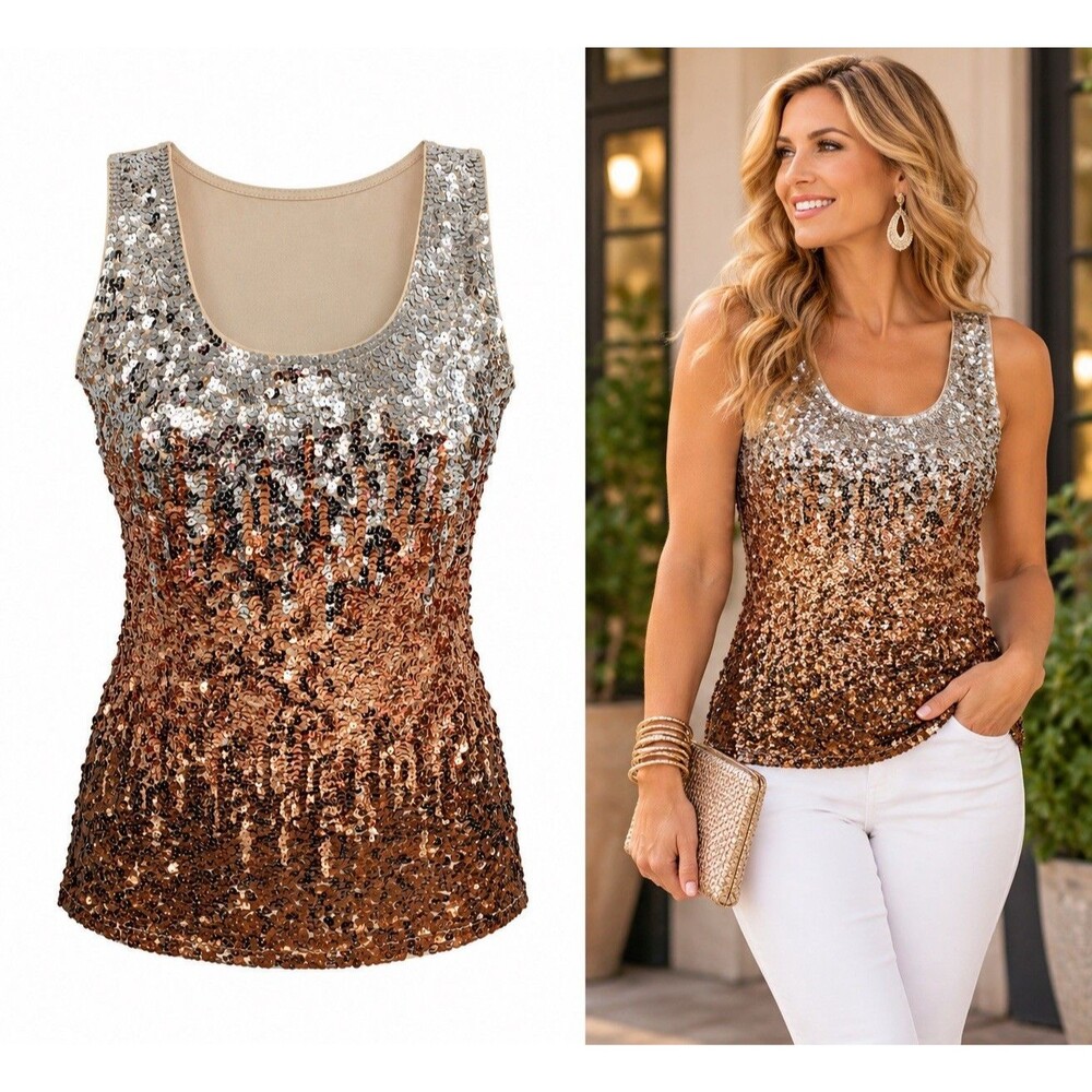 MANER Sequin Tank Top Womens M Silver Rose Gold Ombre Party Holiday NYE Sparkle